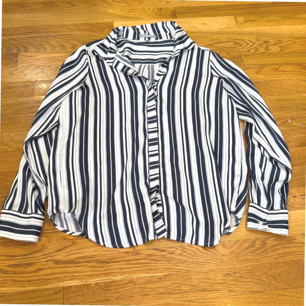 Lemon Tart Navy‎ Blue White Striped Button Down Blouse  Sz Medium
